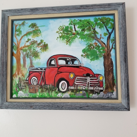 Other - Wall Art Red Vintage Truck Acrylic Painting Framed